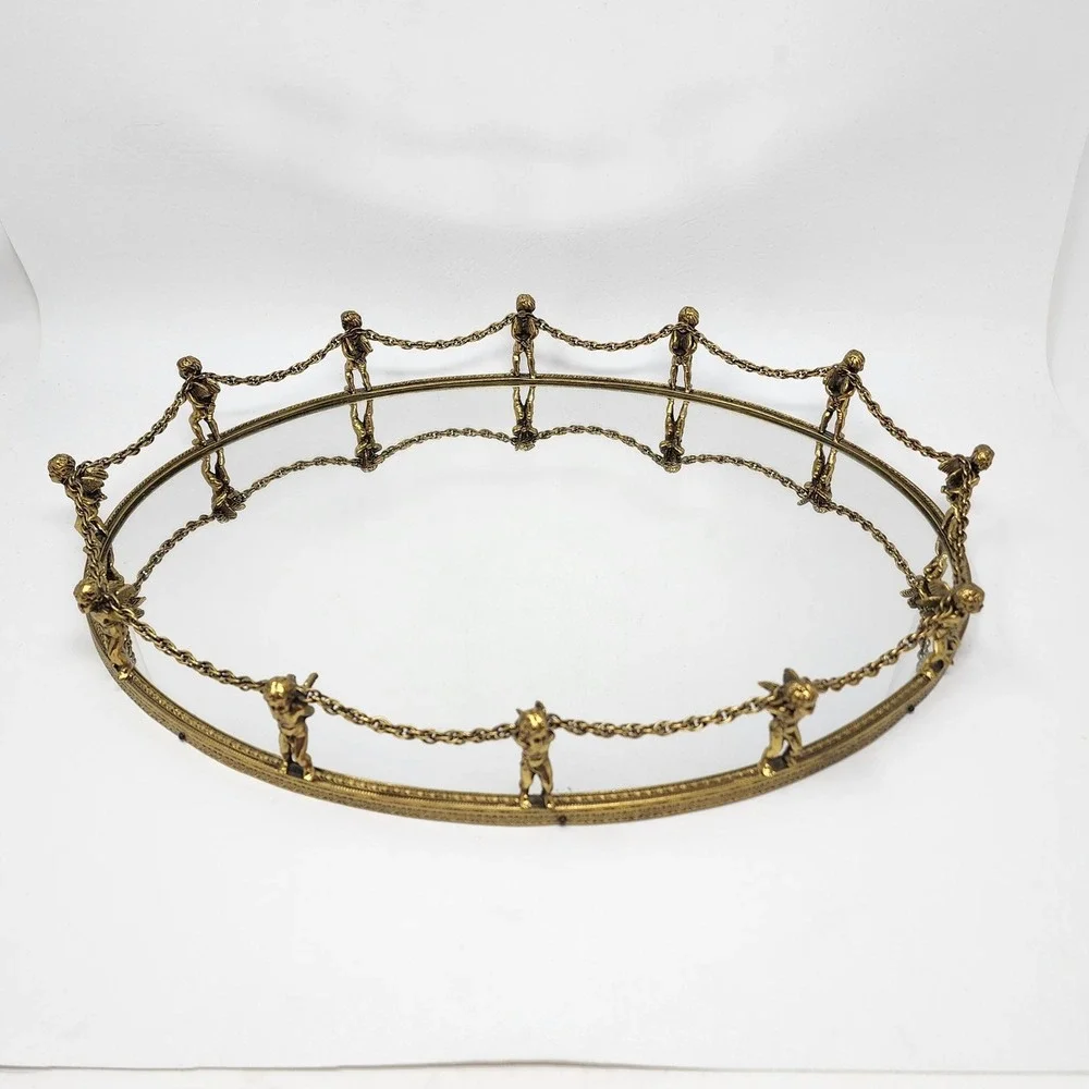 Vtg Globe 24K Gold Plated 12-Cherub Mirrored Vanity Tray Oval Ornate Putti Chain